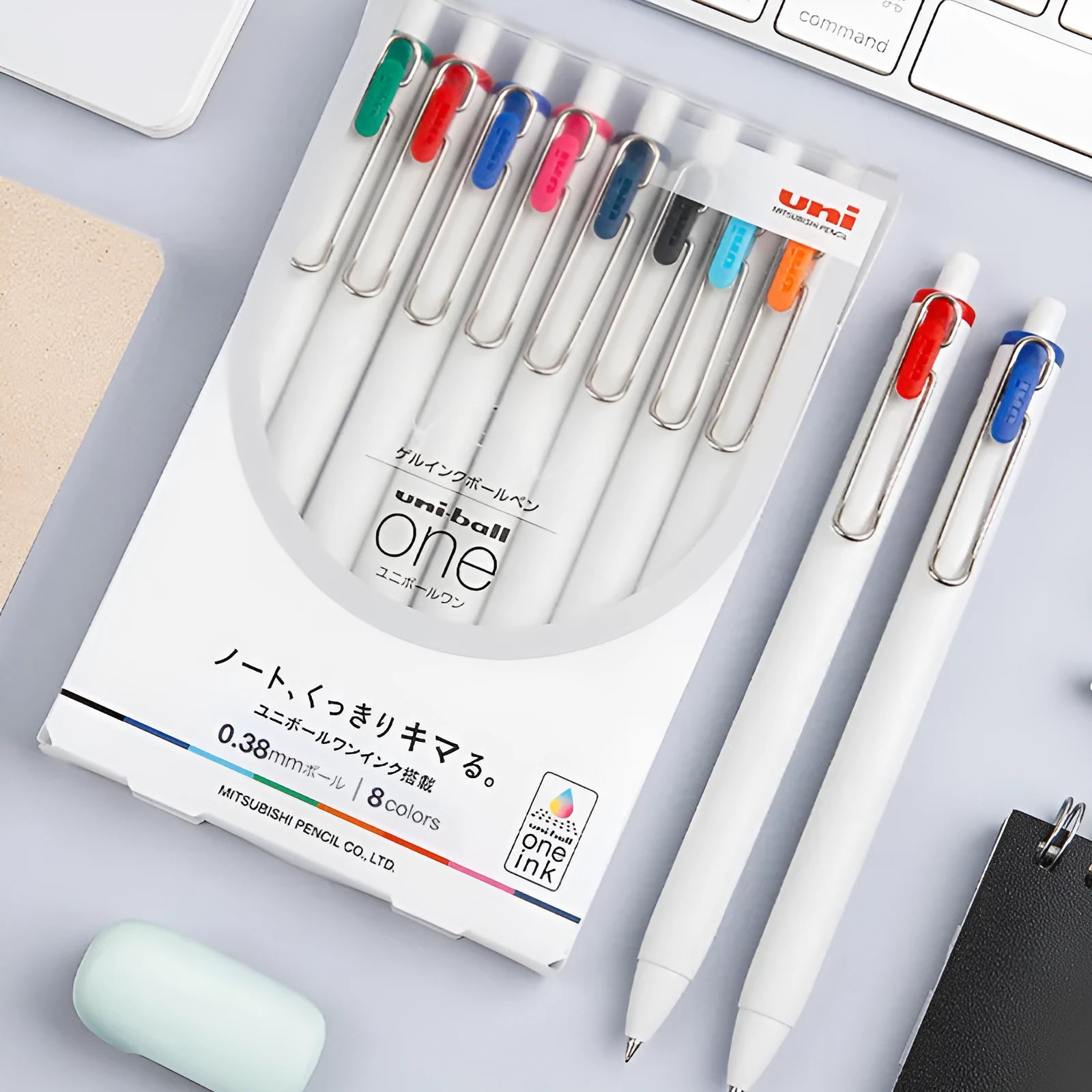 Set of 10 gel pens in assorted colours including black, blue, red blue-black and black rod with 0.38mm and 0.5mm tips, 140mm length
