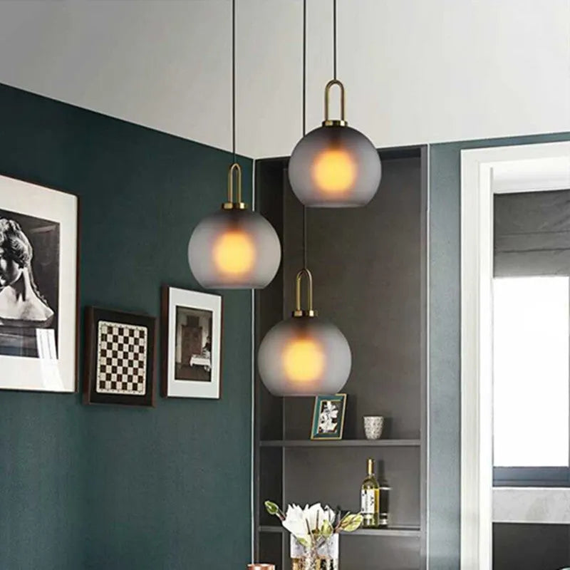 Nordic simple modern glass ball chandelier with iron frame, scrub soot 20cm, adjustable height 0.5m for indoor use