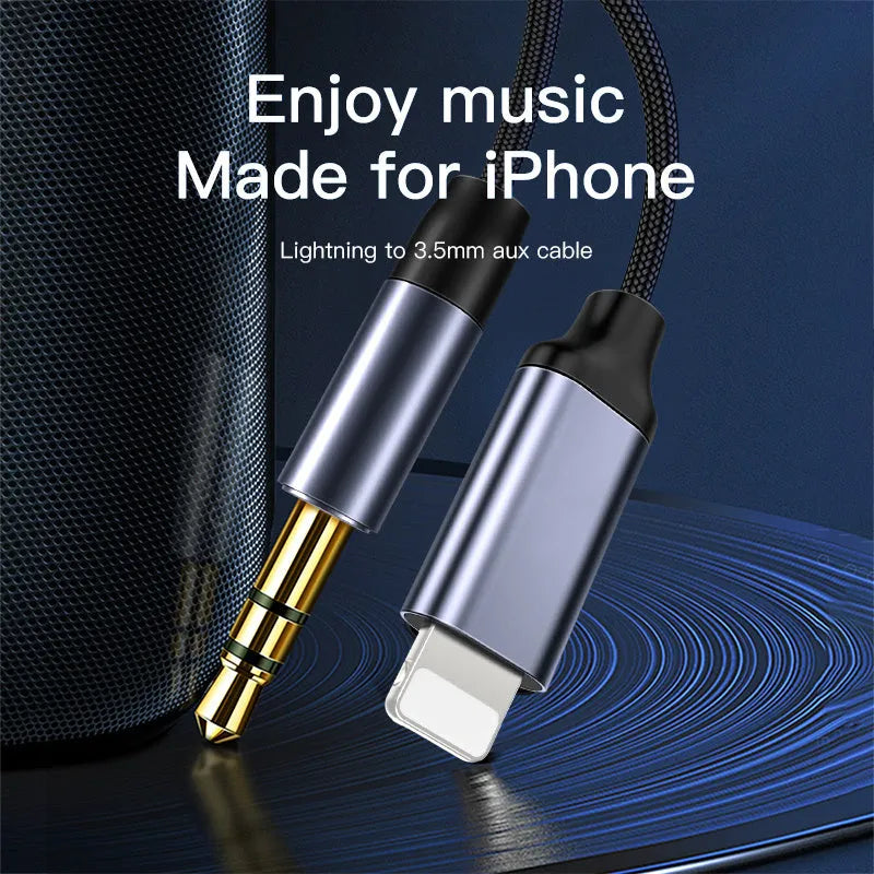 Silver nylon-braided 3.5mm male-to-male auxiliary audio cable with nickel connectors.