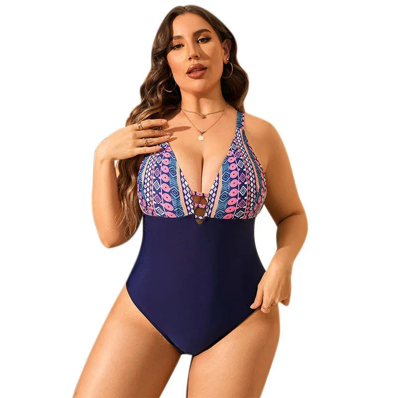 Leopard print plus size women's swimsuit with cover belly design and V-neck