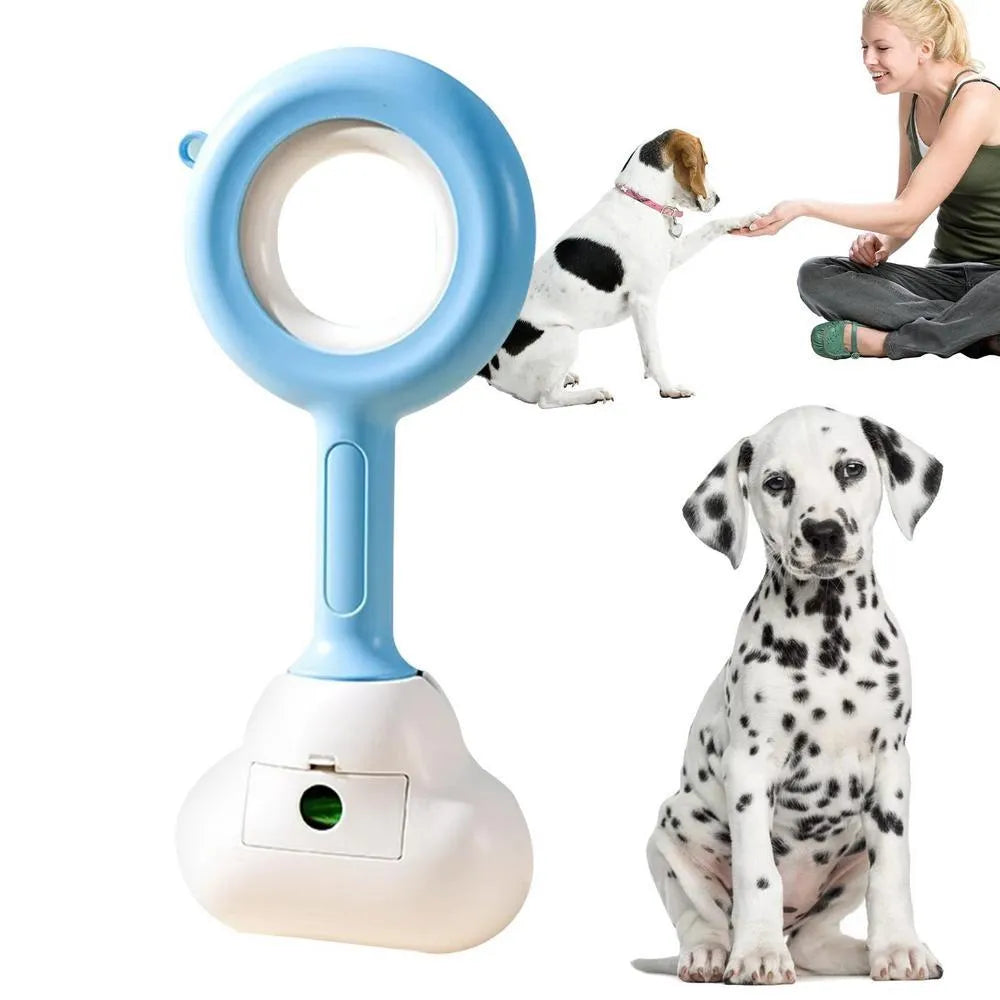 Blue dog pooper scooper with cloud-shaped jaw and comfortable grip handle for outdoor waste pickup