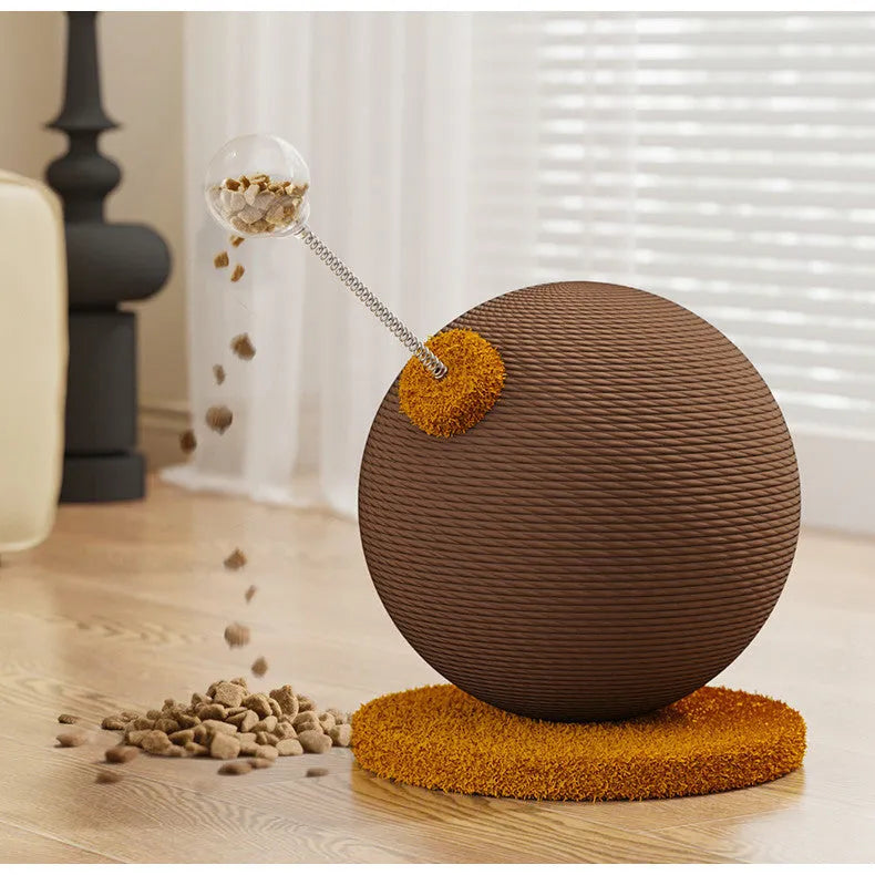 Tumbler-style cat scratch board with woven hemp rope surface and an integrated cat grasping ball toy.