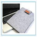 Dark grey plush felt vertical clutch laptop bag showing clamshell opening and structured interior.