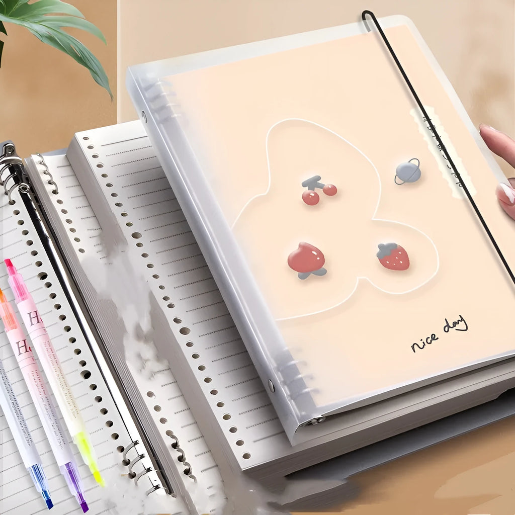 B5 hardcover detachable notebook open showing colour pages and binding system