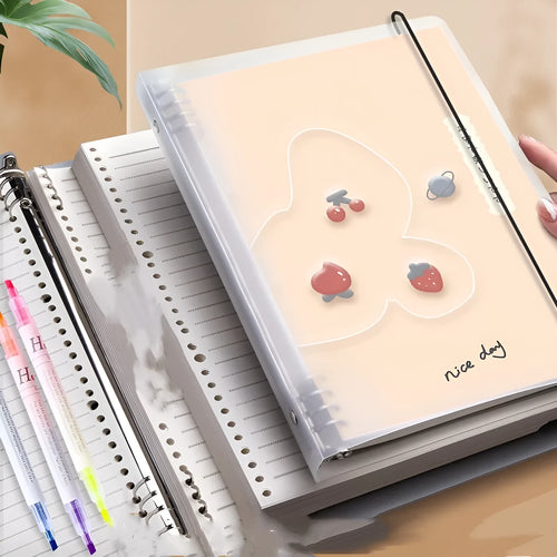B5 hardcover detachable notebook open showing colour pages and binding system