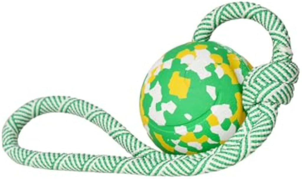 Natural rubber dog ball on nylon rope for interactive fetch and tug games