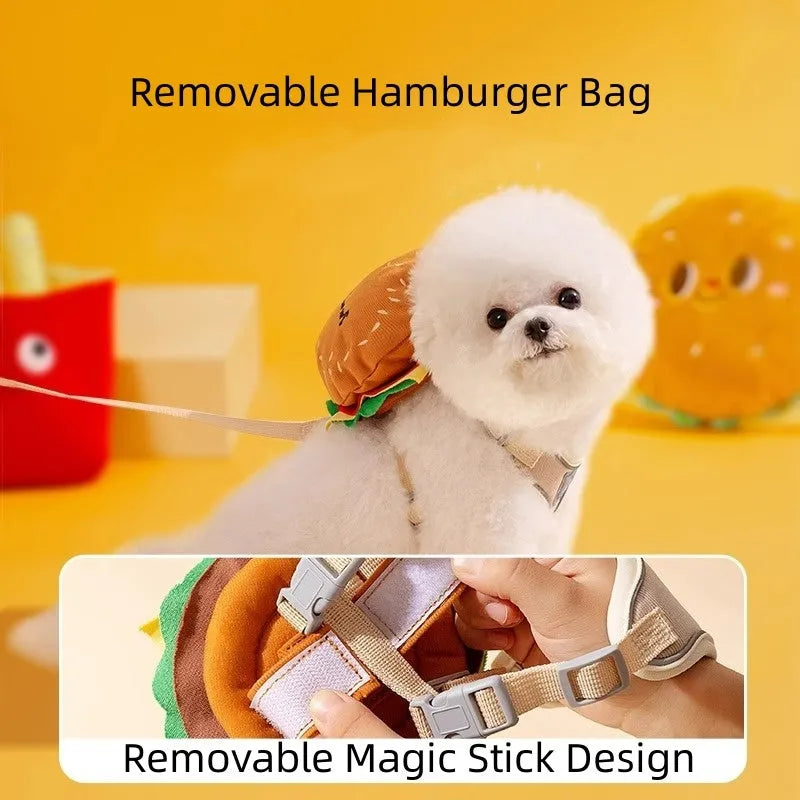 Cartoon hamburger and chips design adjustable escape-proof vest and leash set for dogs and cats