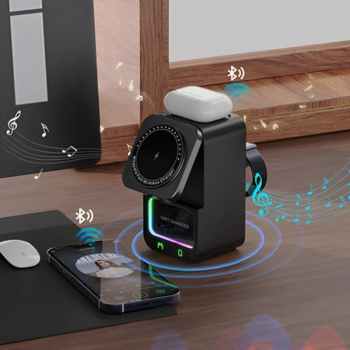 White Bluetooth speaker with integrated wireless charging pad showing phone placement on magnetic mount