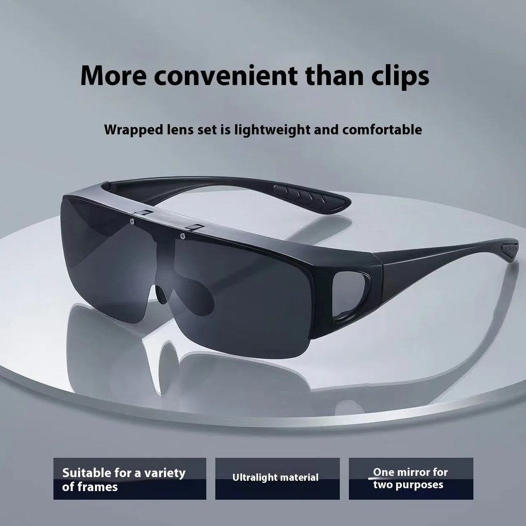 Polarised sports sunglasses with one-piece myopia correction lenses in a dark tint, suitable for cycling and climbing.