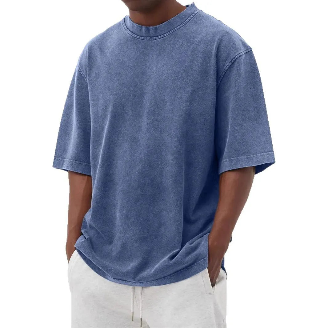 Men's stone-washed loose-fit pullover T-shirt in army green distressed solid colour