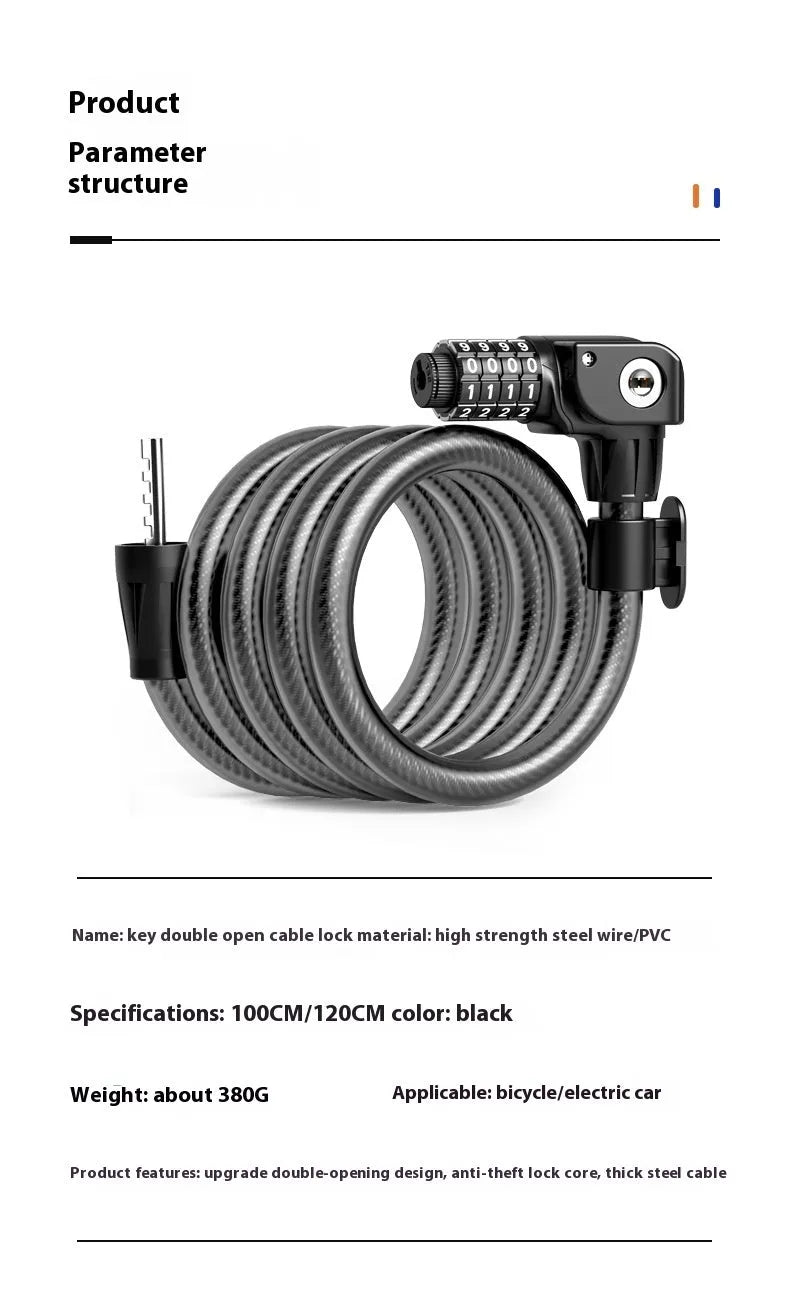 Black and orange 100cm steel cable password bicycle lock with double open mechanism