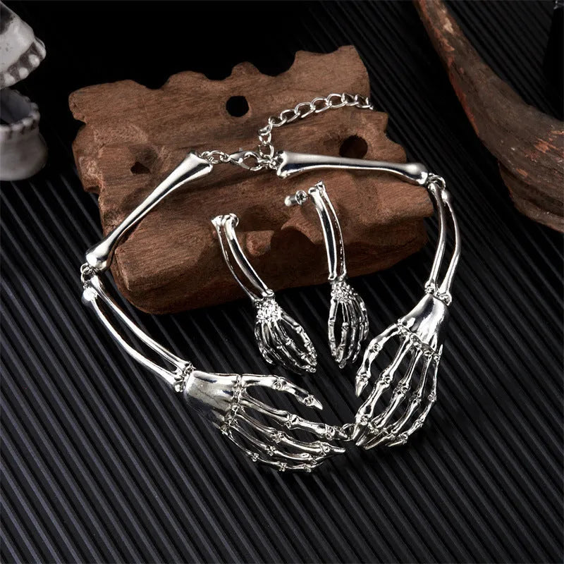 Dark style skull and ghost hand necklace and earrings set in silver or black electroplated alloy with 41-50cm chain