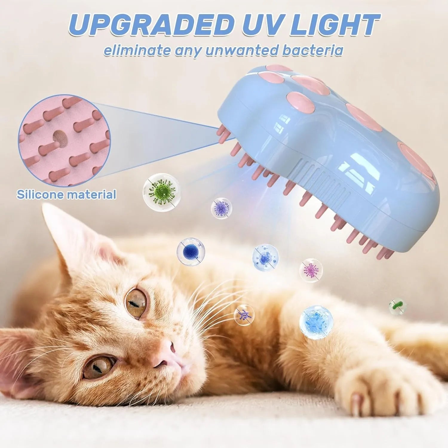 Blue self-cleaning cat steam brush with silicone bristles and a water spray nozzle.
