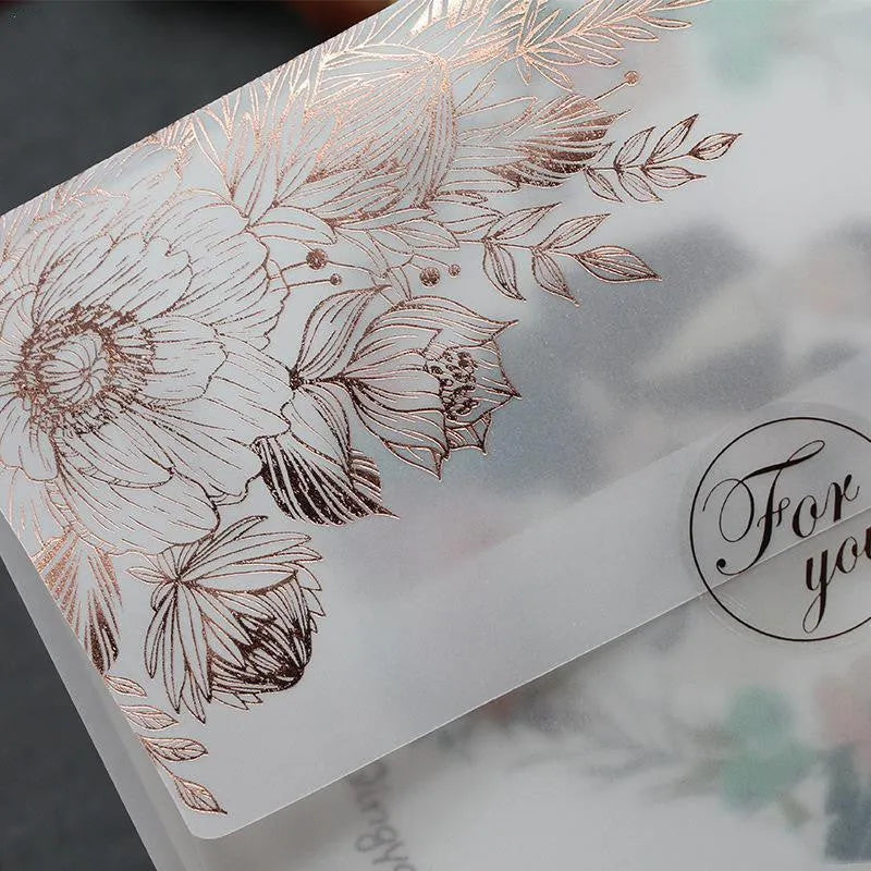 Gold and rose gold sulfuric acid paper invitation cards with bronzing matte varnish finish.