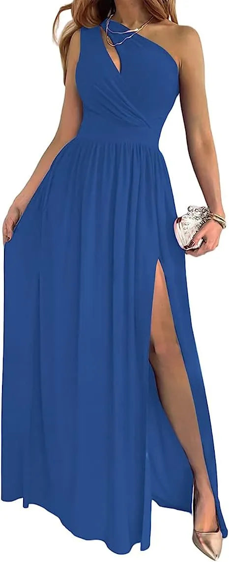 Women's apricot one shoulder sleeveless maxi dress with high split and cutout design.