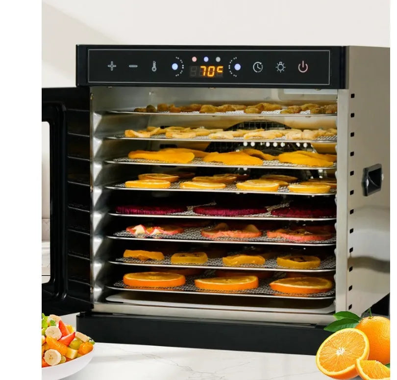 Stainless steel food dehydrator with visual skylight window, LED panel, and multiple drying trays
