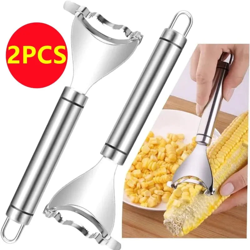 Stainless steel corn planer kitchen tool with serrated cutting edge for removing kernels