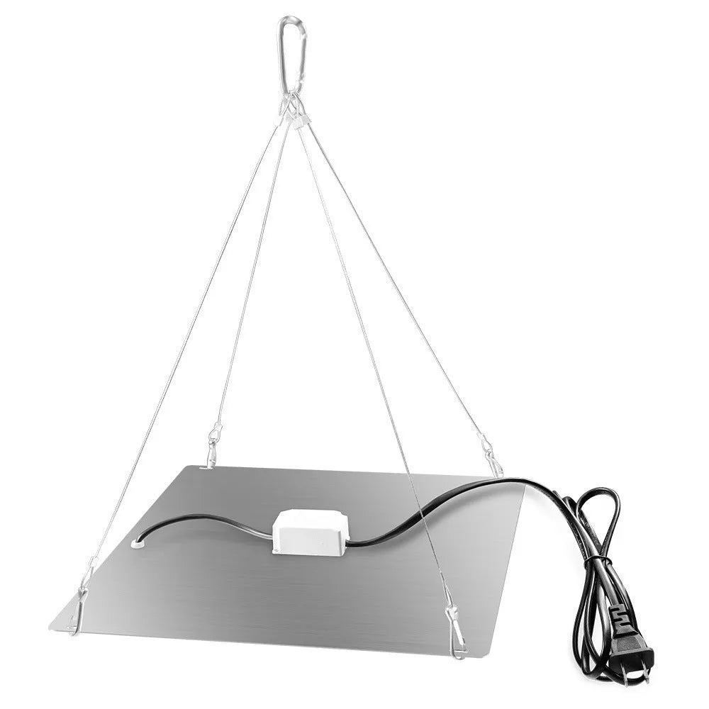 Aluminium housed LED plant growing light with hook for mounting above indoor fruit and vegetable plants.