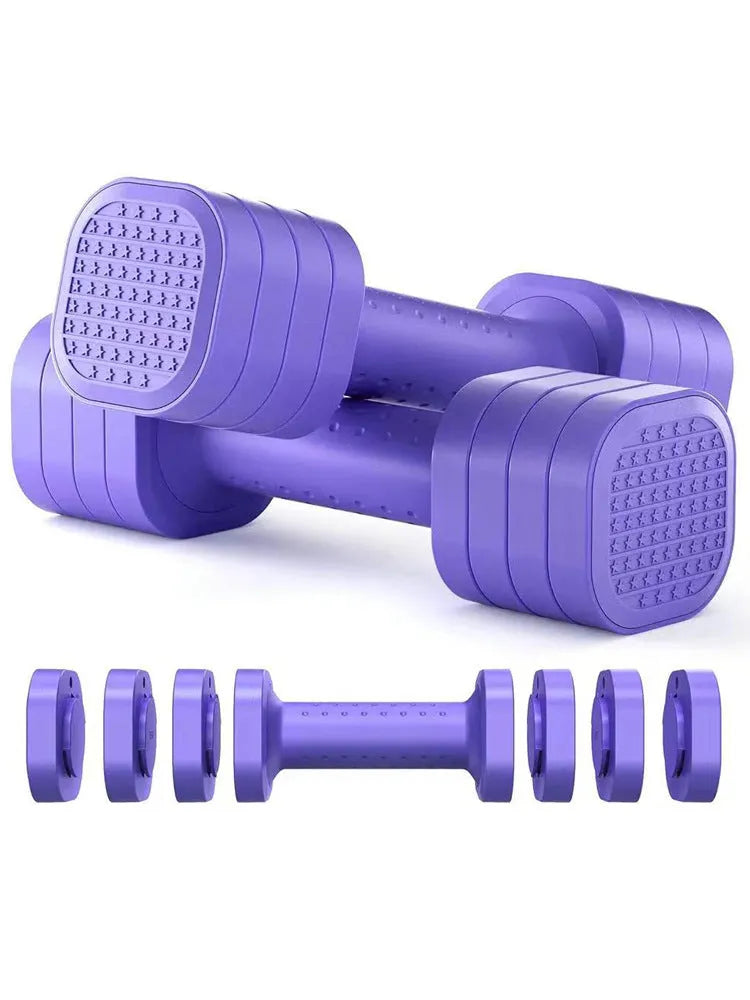 Set of pink detachable ABS plastic dumbbells for women's fitness, showing 5 lb weight.