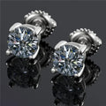 Women's silver moissanite screwback stud earrings with geometric shape and four-claw setting