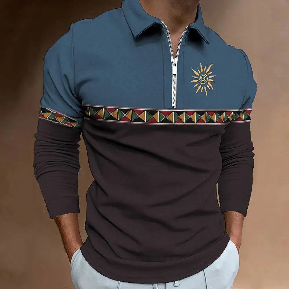 Men's retro print golf T-shirt with stripe pattern and zip details in loose fit