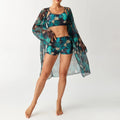 Women's three-piece swimsuit set with long sleeve blouse in pink, black, white, and sapphire blue