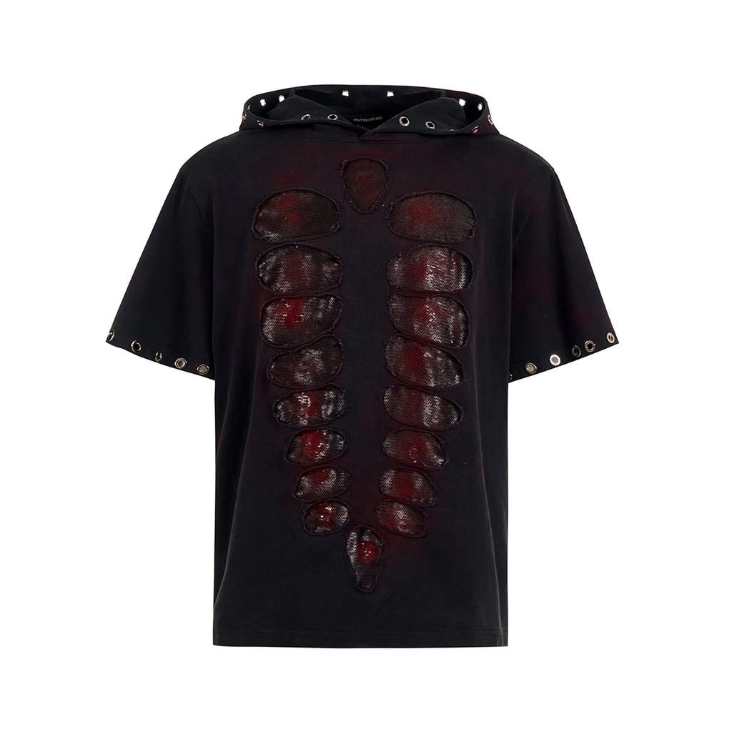 Black men's loose hooded T-shirt with short sleeves and sequin decoration on the front.