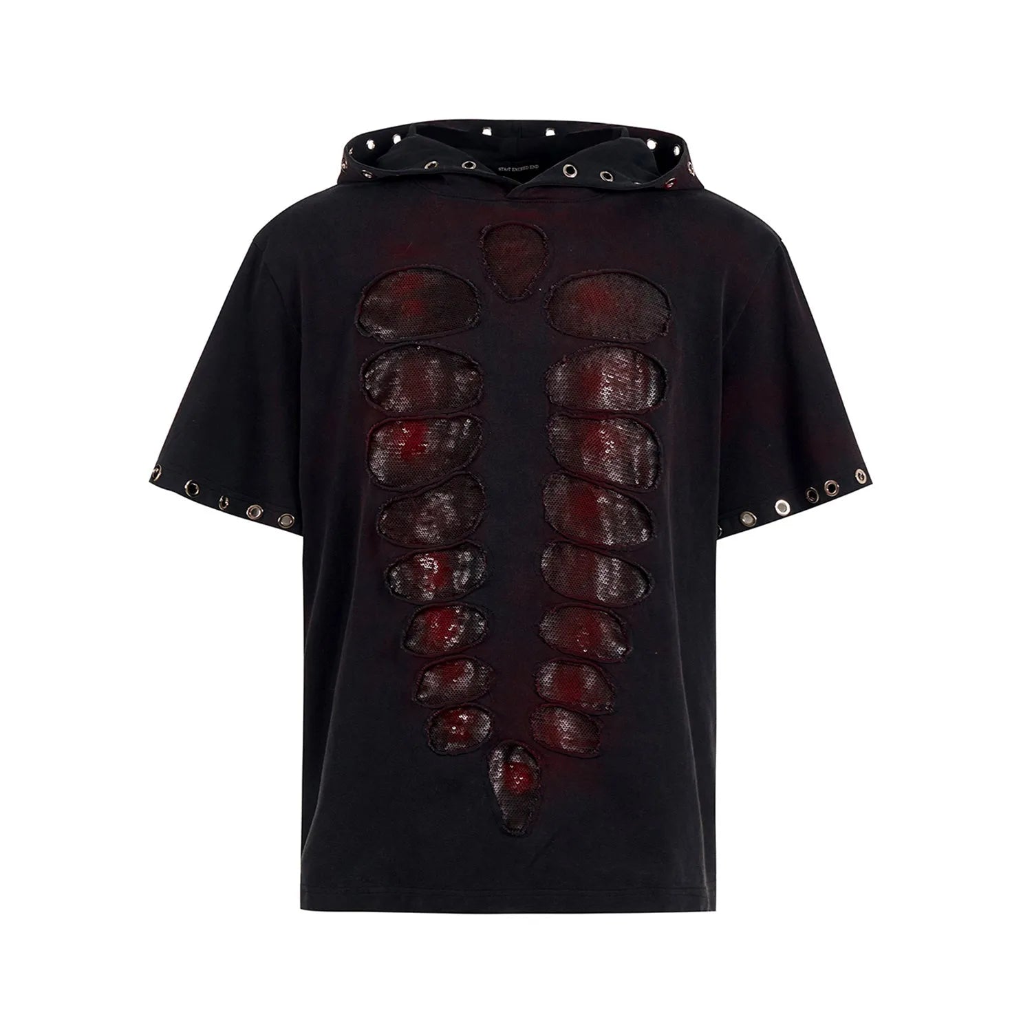 Black men's loose hooded T-shirt with short sleeves and sequin decoration on the front.