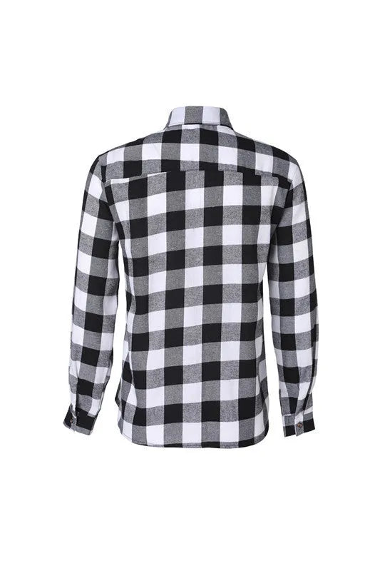 Men's long-sleeved black and white checked shirt with lapel collar and double chest pockets, front view.