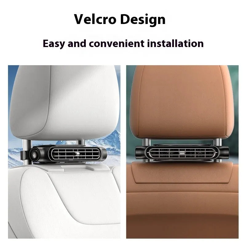 2024 USB car fan with no blades and Velcro strip, in black, white, or beige, showing button and USB cable.