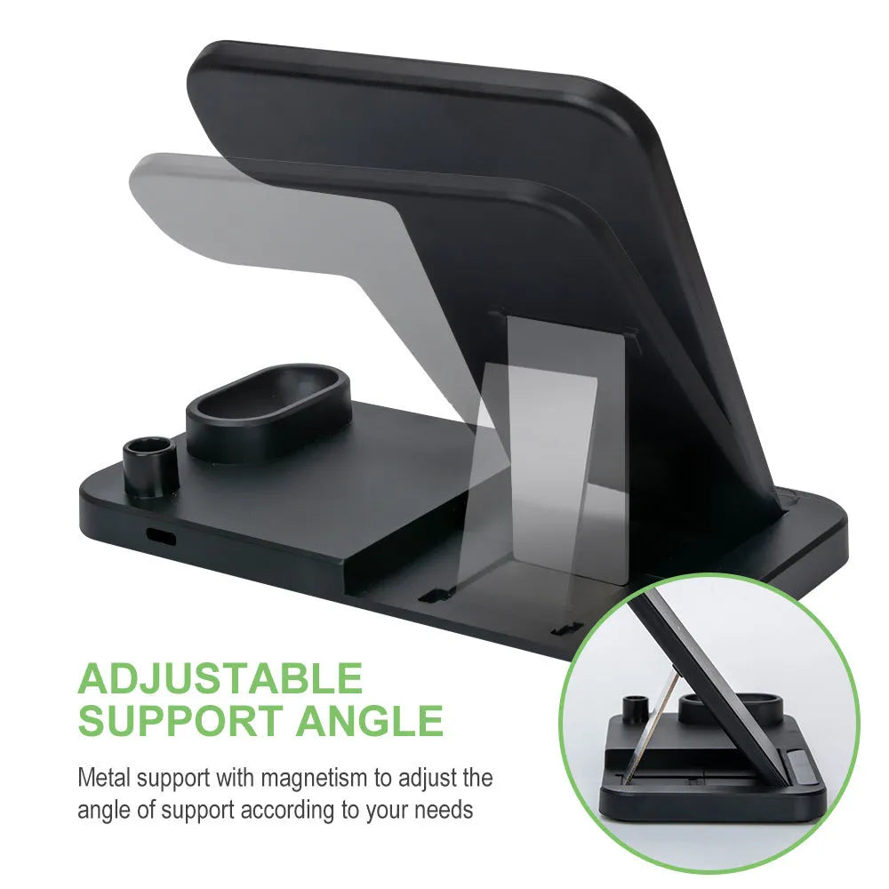 Foldable 4-in-1 wireless charging station in black, showing vertical phone stand and multiple charging pads for devices.