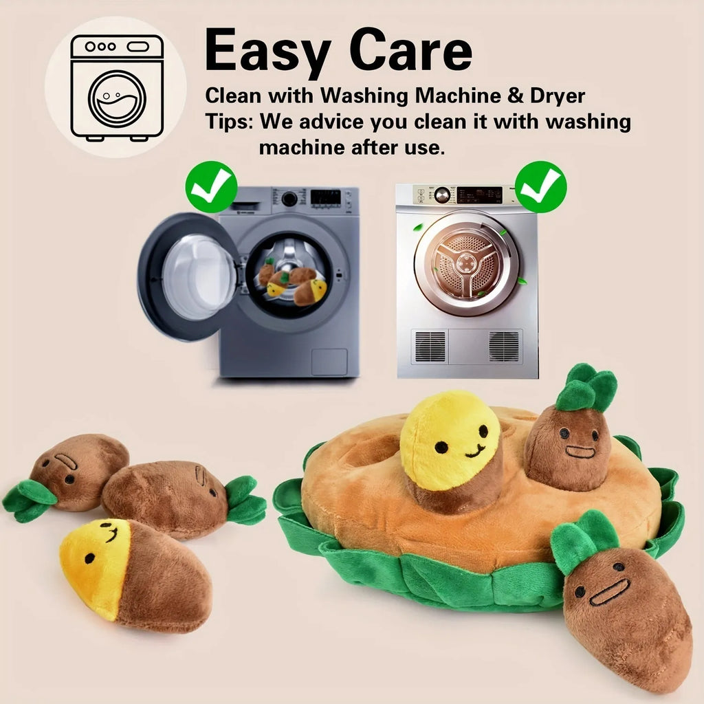 Yellow interactive dog puzzle toy with removable squeaky plush toys on polyester foraging and feeding mat