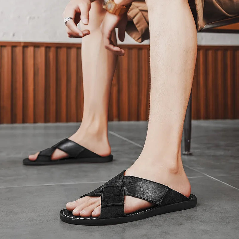 Men's genuine leather slip-on sandals with rubber soles in black and brown colours