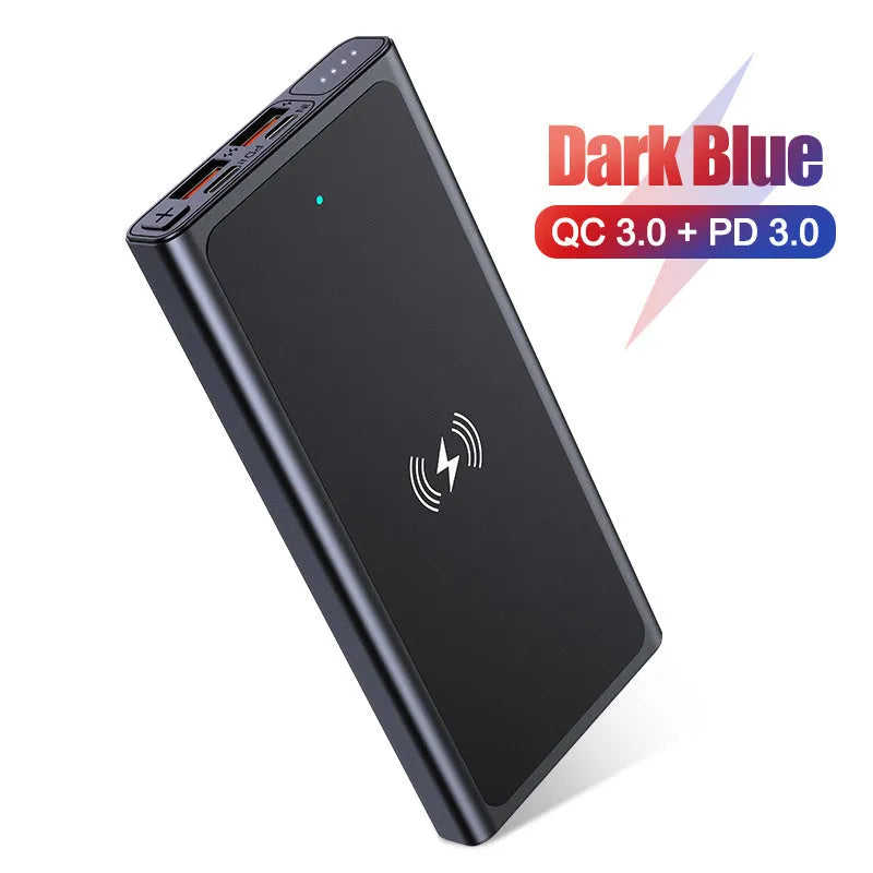 Black and blue alloy-shell portable power bank showing wireless charging symbol and 10000mAh capacity label