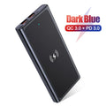 Black and blue alloy-shell portable power bank showing wireless charging symbol and 10000mAh capacity label