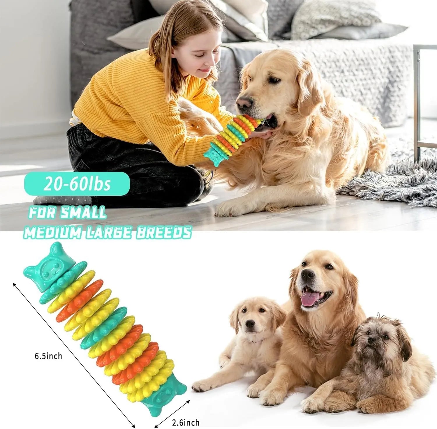 Blue green pink rubber caterpillar shape dog chew toy for aggressive chewers on a white background.