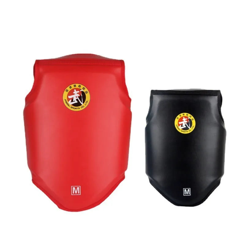 Red boxing helmet and matching chest protector set for fighting training