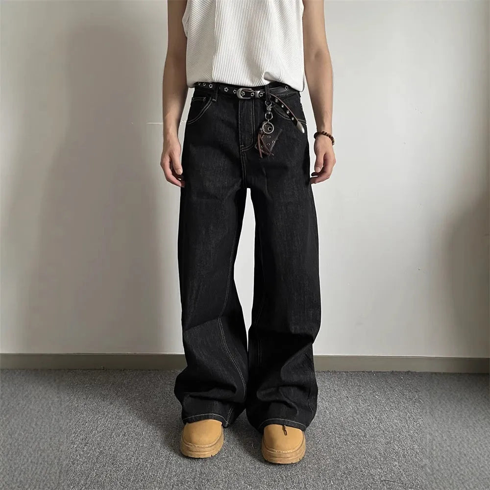 Black retro-style loose wide-leg jeans with straight-leg cut and zip placket closure