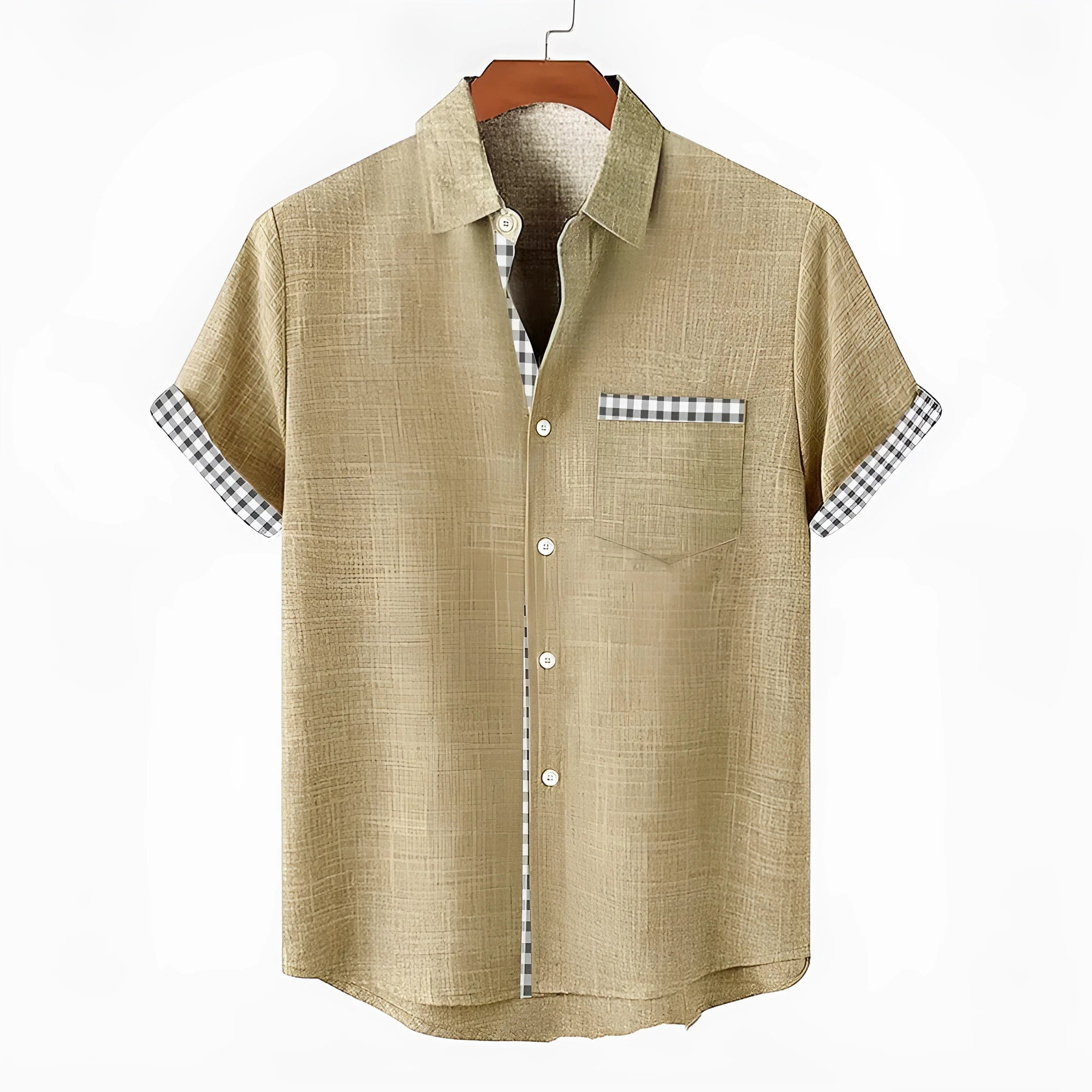 Linen short-sleeve top for teenagers with a loose fit and an ocean fish pattern on the lapel.