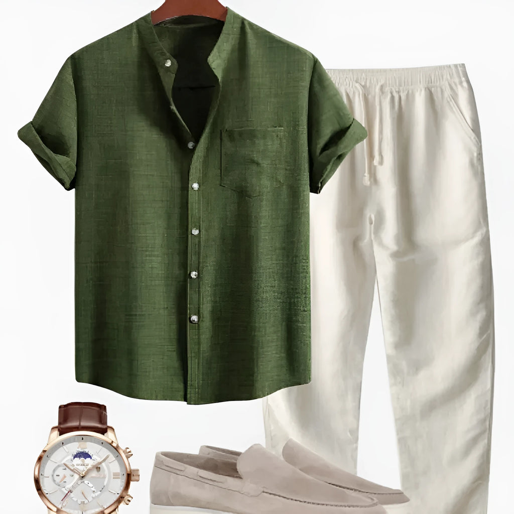 Men's blue slim-fit stand collar short-sleeved shirt with 3D digital printing, paired with trousers and shoes from the coordinated set.
