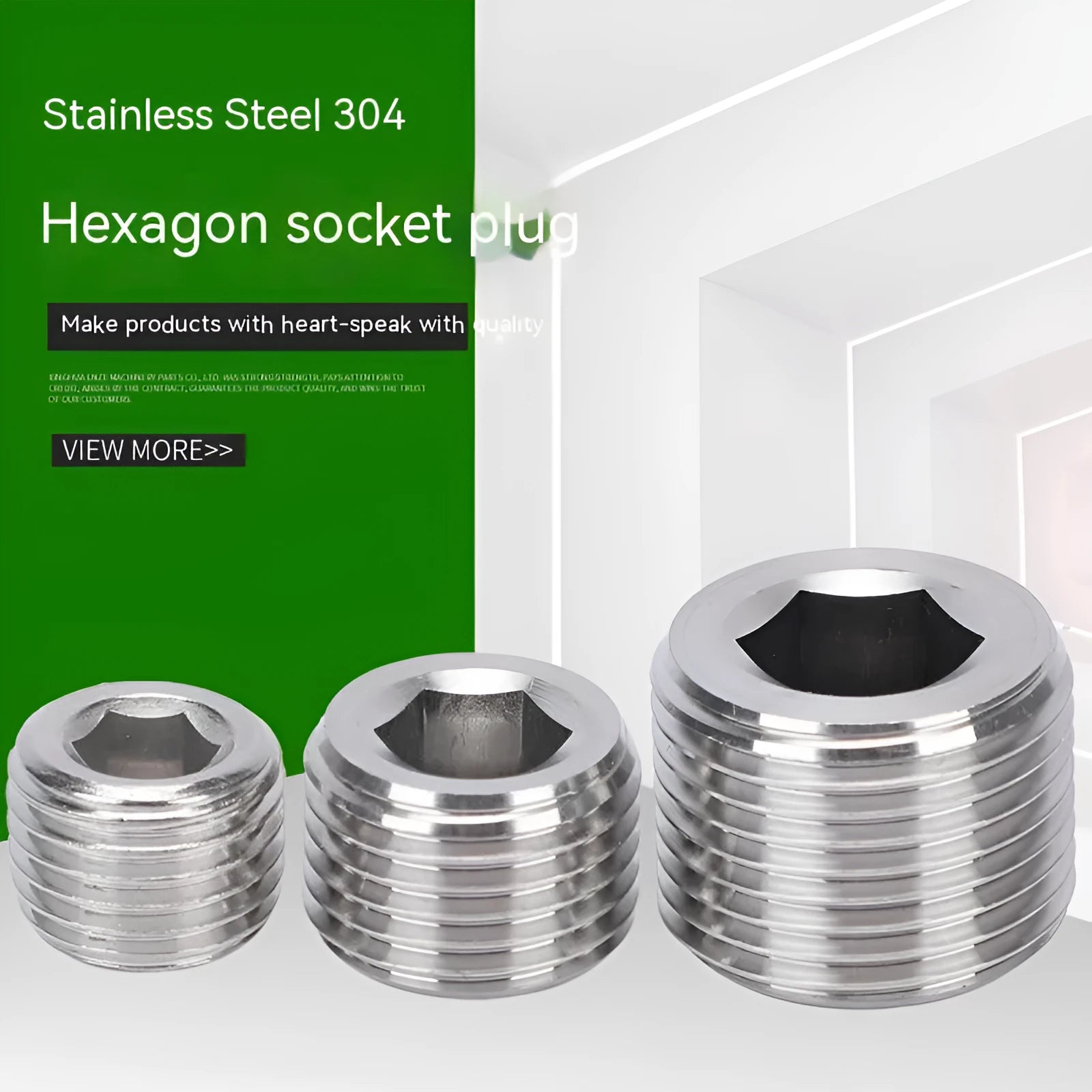 Stainless steel hexagonal pipe plug with 3/8 inch NPT threads for bulkhead fittings.