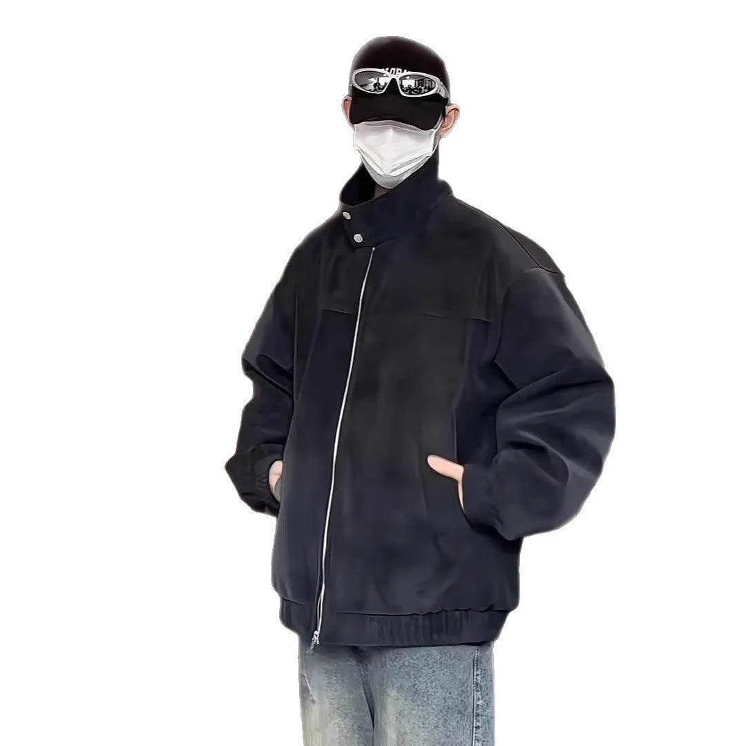 Men's black tie-dye PU leather jacket with stand collar and side pockets.