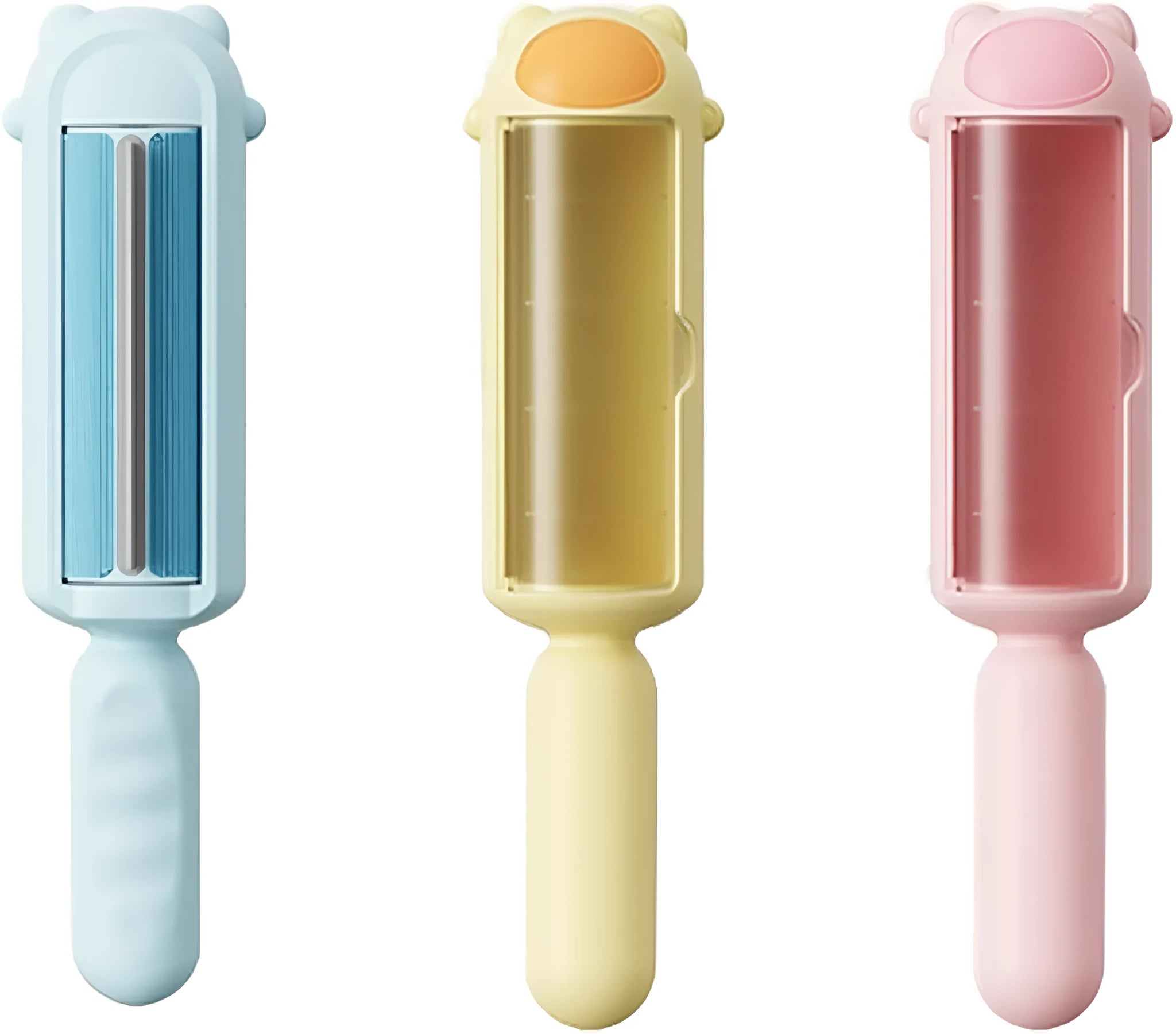 Blue reusable pet hair remover tool with self-cleaning base on a carpet.