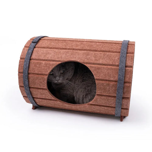 Assembled wine barrel shaped cat bed made from polyester fibre felt, showing three pieces and two straps.