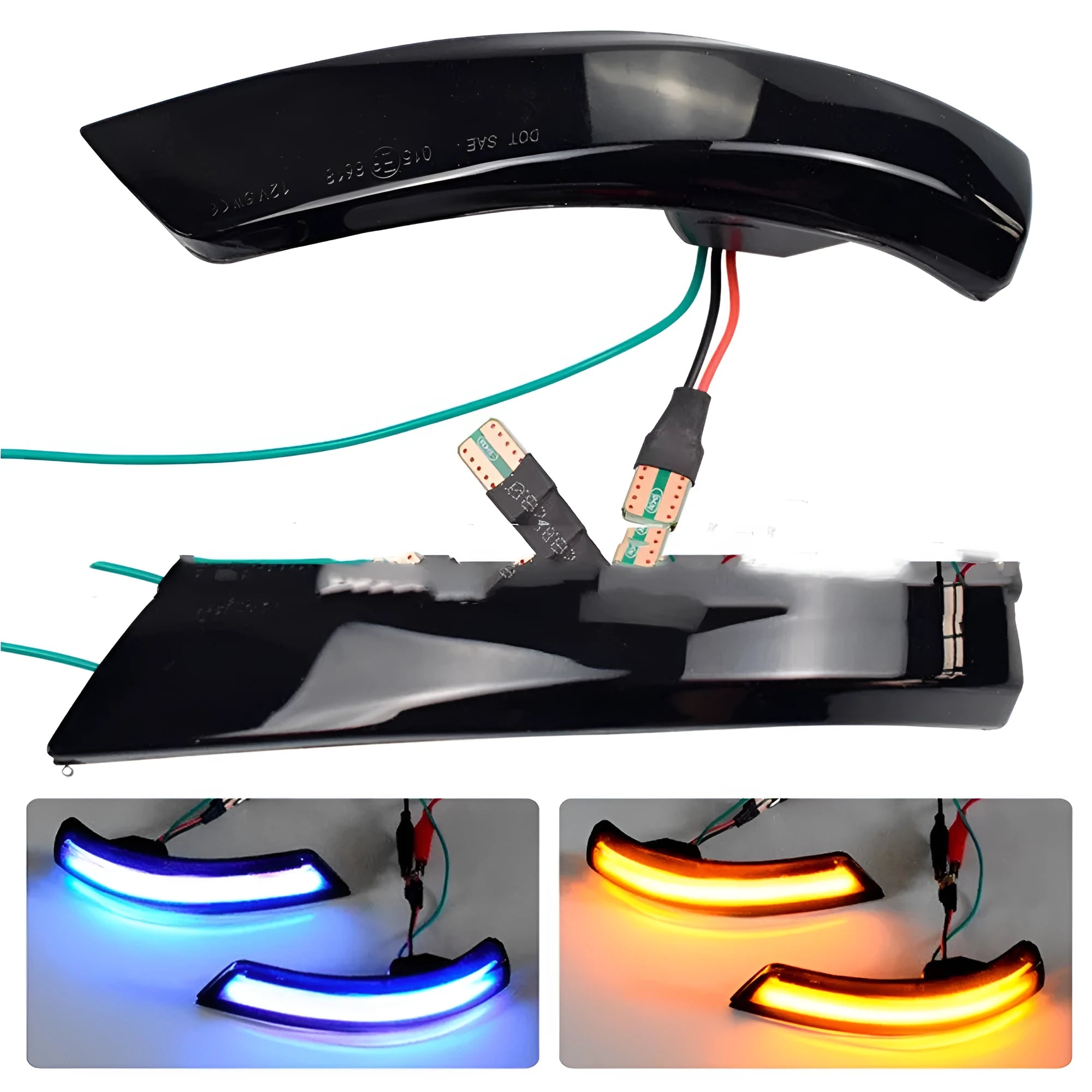 Ford Focus and Mondeo rearview mirror LED waterfall light with blue accent in ABS housing