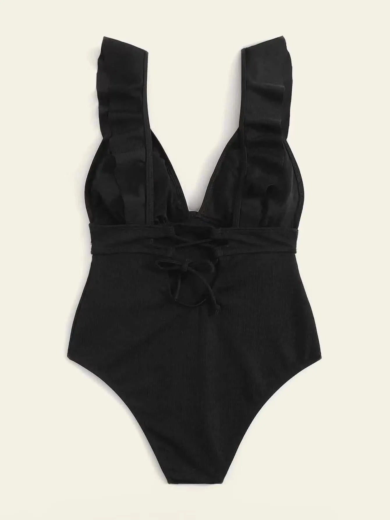 Women's black one-piece swimsuit with ruffled adjustable shoulder straps and back lace fastening.
