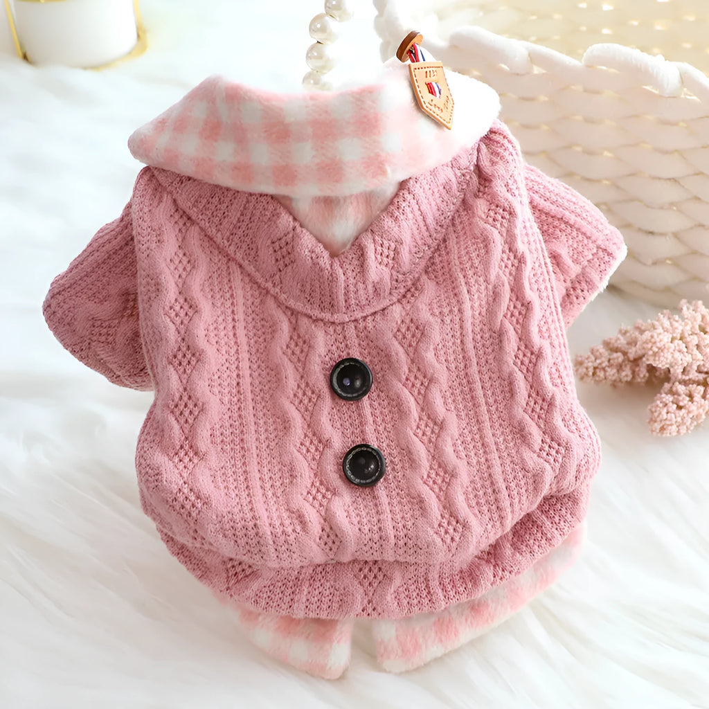 Blue wool plaid check two-piece dog sweater with fleece lining shown on dog model