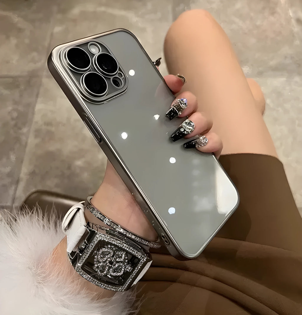 Electroplated frosted edge PC phone case in original machine gray for iPhone, showing all-inclusive back and side coverage