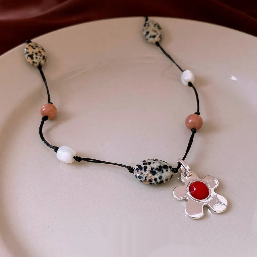 Stone shell beaded flower pendant necklace on adjustable 51-60cm chain in ethnic style