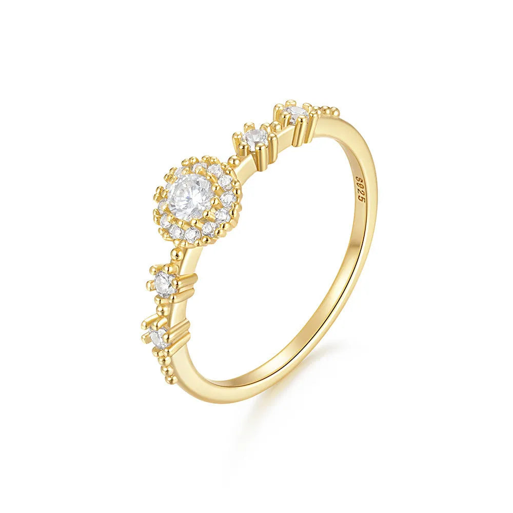 925 silver women's ring with gold electroplated finish, flower rhinestone detailing and geometric shape